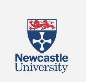 Newcastle University shield with a red lion and a white cross on a blue background above the university name.