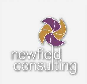 Logo of Newfield Consulting featuring a circular pinwheel design with alternating purple and gold segments above the company name.