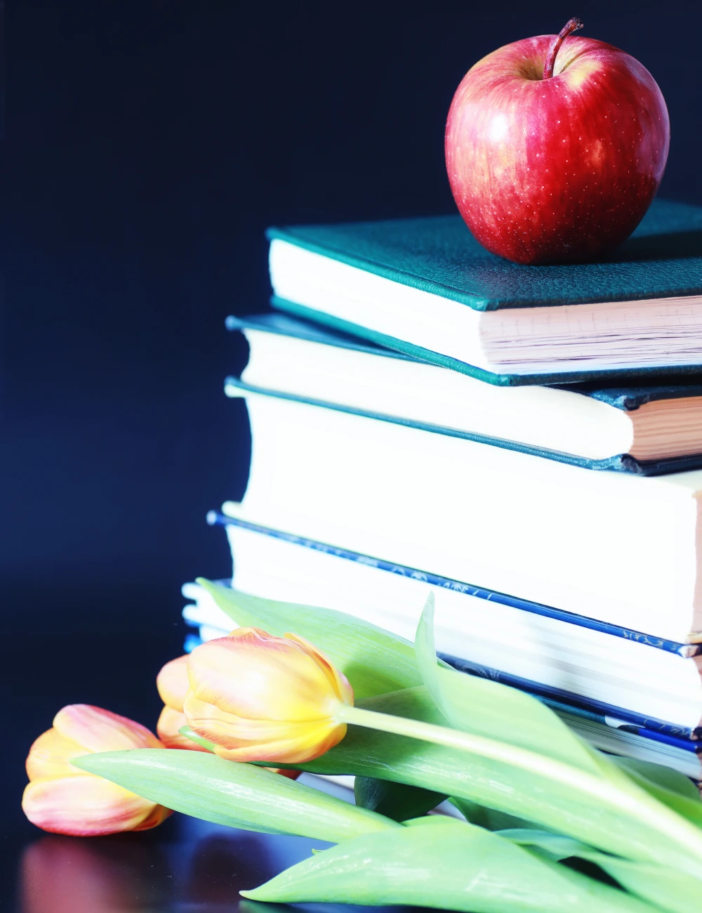 Stack of books with a red apple on top and yellow-orange tulips lying beside them.