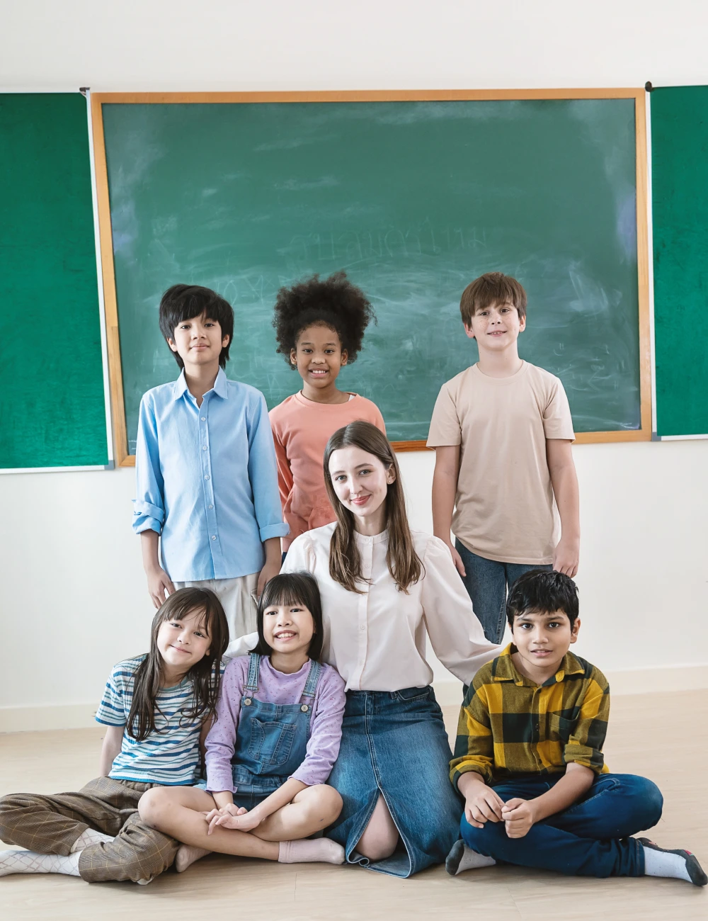 A diverse group of six children and a female teacher smiling and posing in front of a classroom chalkboard.
