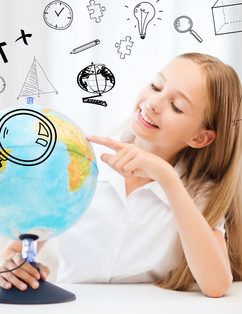 Smiling girl pointing at a globe with hand-drawn educational icons floating above.