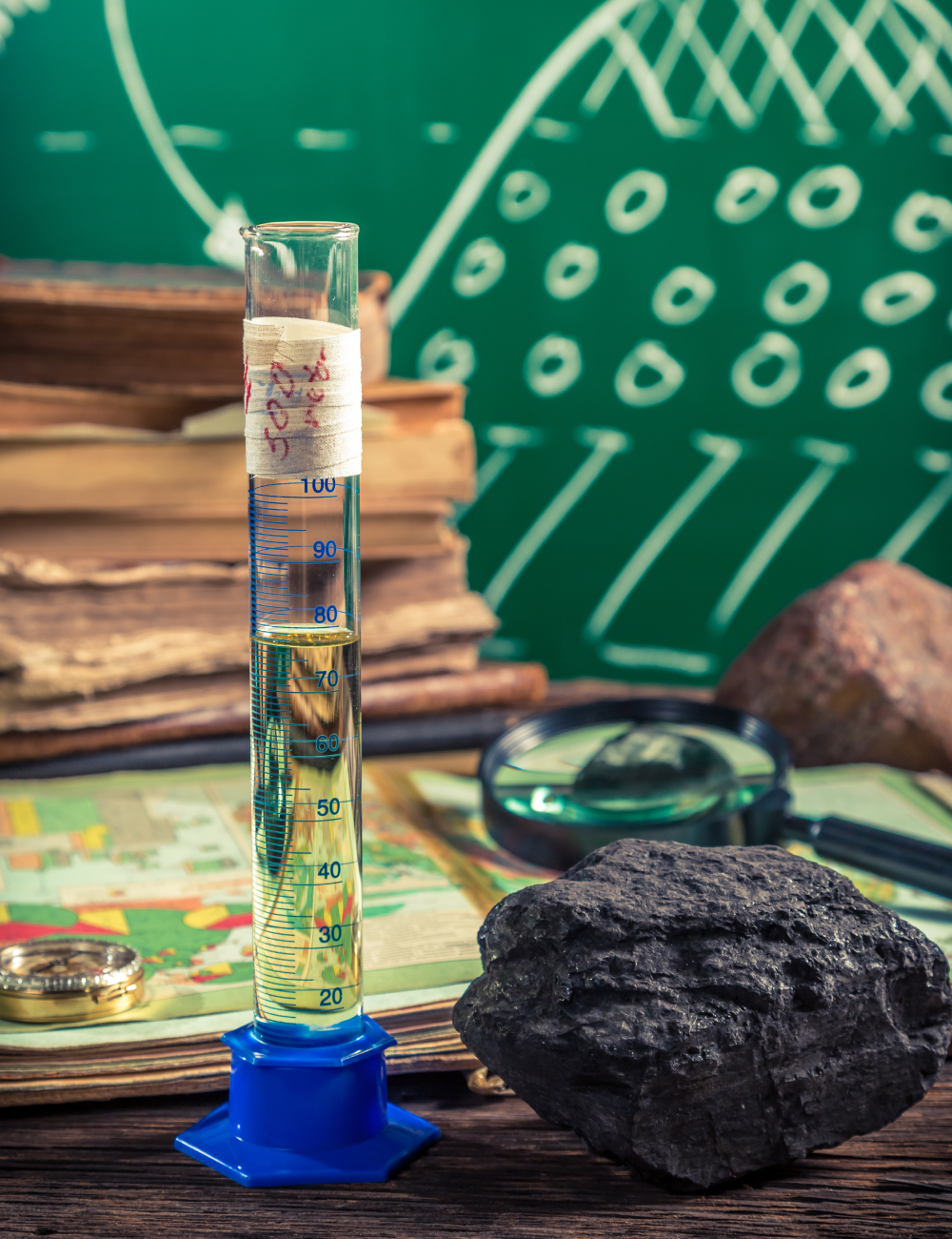 Graduated cylinder filled with yellow liquid on a table with rocks, a magnifying glass, old books, and a chalkboard with scientific drawings in the background.